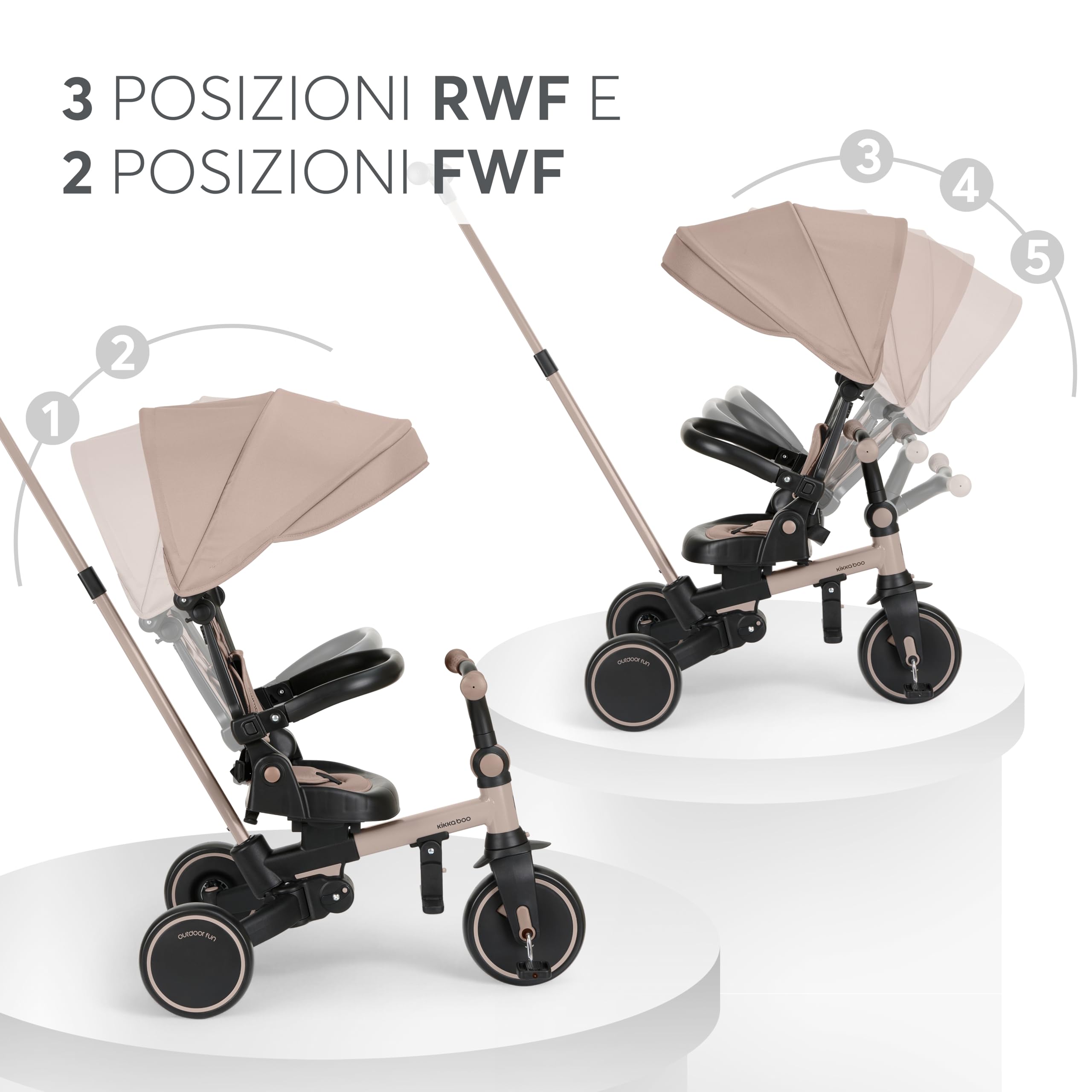 KikkaBoo Triciclo Evolutivo 8 in 1 ALUMA, da 12 Mesi a 5 Anni, Triciclo Passeggino Pieghevole con Maniglione per Genitori, Beige