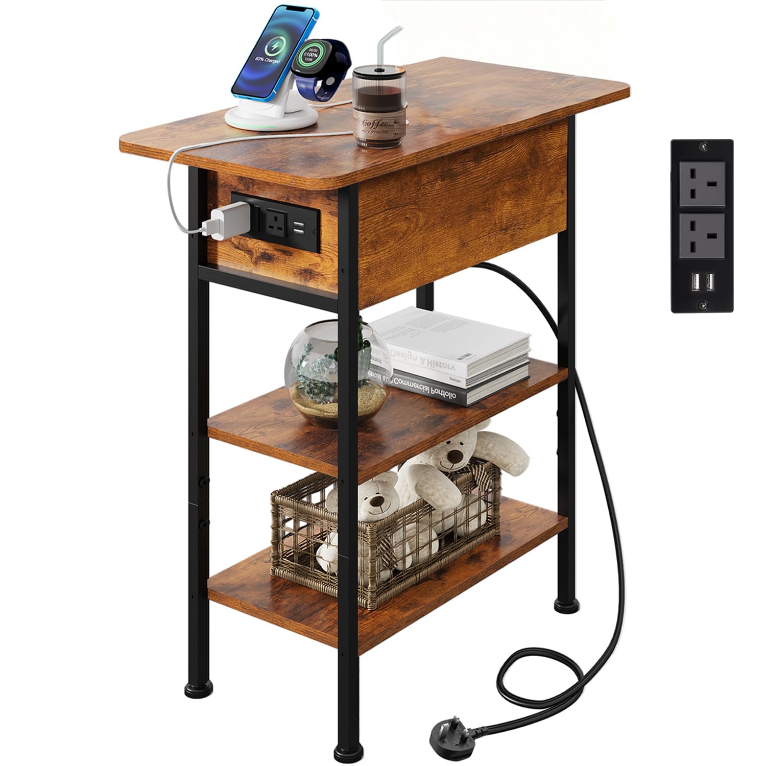WLIVE Side Table with Charging Station, 3-Tier End Table with Drawer, Slim Bed Side Table with Flip Top, USB Ports and Outlets for Living Room, Bedroom, 60x30x62cm, Rustic Brown