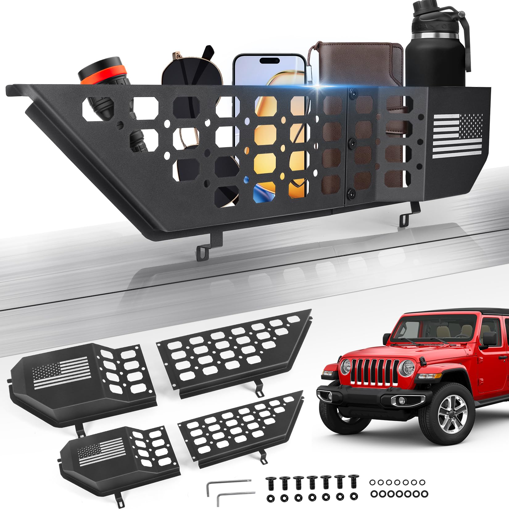 2Pcs Metal Front Door Storage Box Pockets Compatible With Jeep Wrangler JL JLU 4XE 2018-2024 Gladiator JT 2020-2024 Side Insert Car Door Storage Pockets Organizer Expansion Panels (Not for Power Seat)