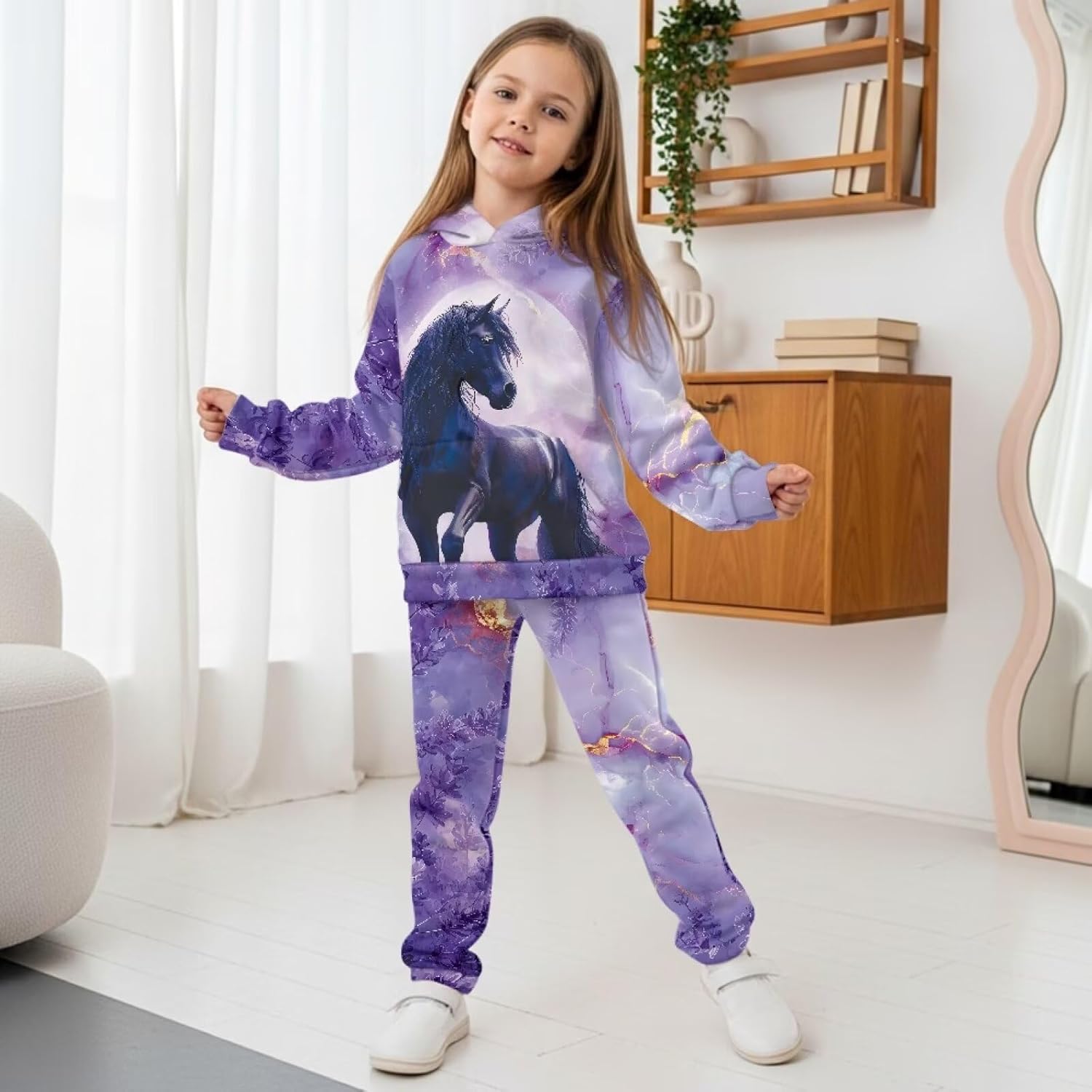Gomyblomy Kids Hooded Sweatshirt and Sweatpants 2 Piece Jogger Set Boys Girls Tracksuit 5-12 Years Horse-theme Sweatsuit