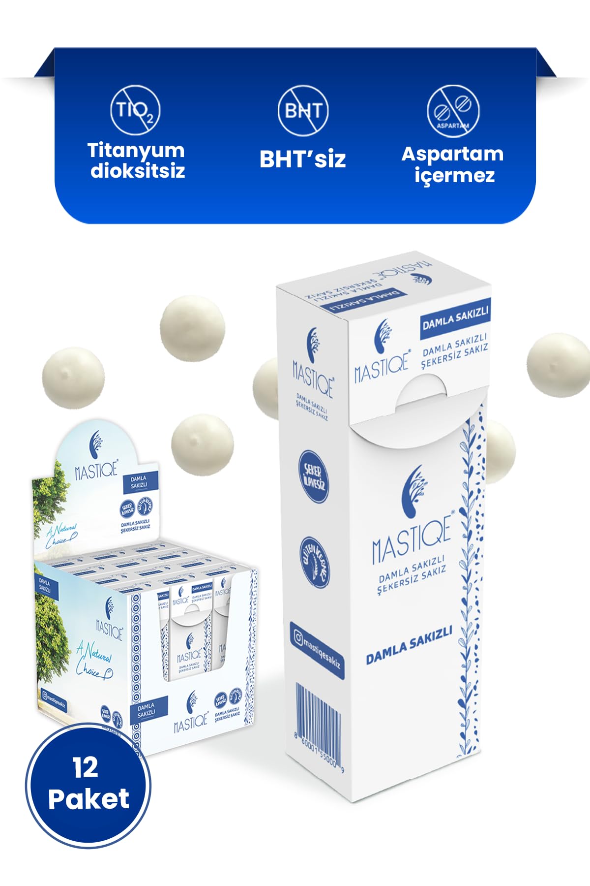 Mastiqe Doğal Aromalı Damla Sakızlı Şekersiz Sakız 20 Grx 12 Adet (Sade)
