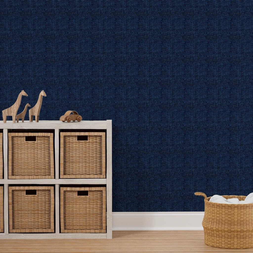 Peel & Stick Wallpaper 3ft x 2ft - Solid Navy Dark Blue Indigo Faux Woven Textured Look Custom Removable Wallpaper by Spoonflower