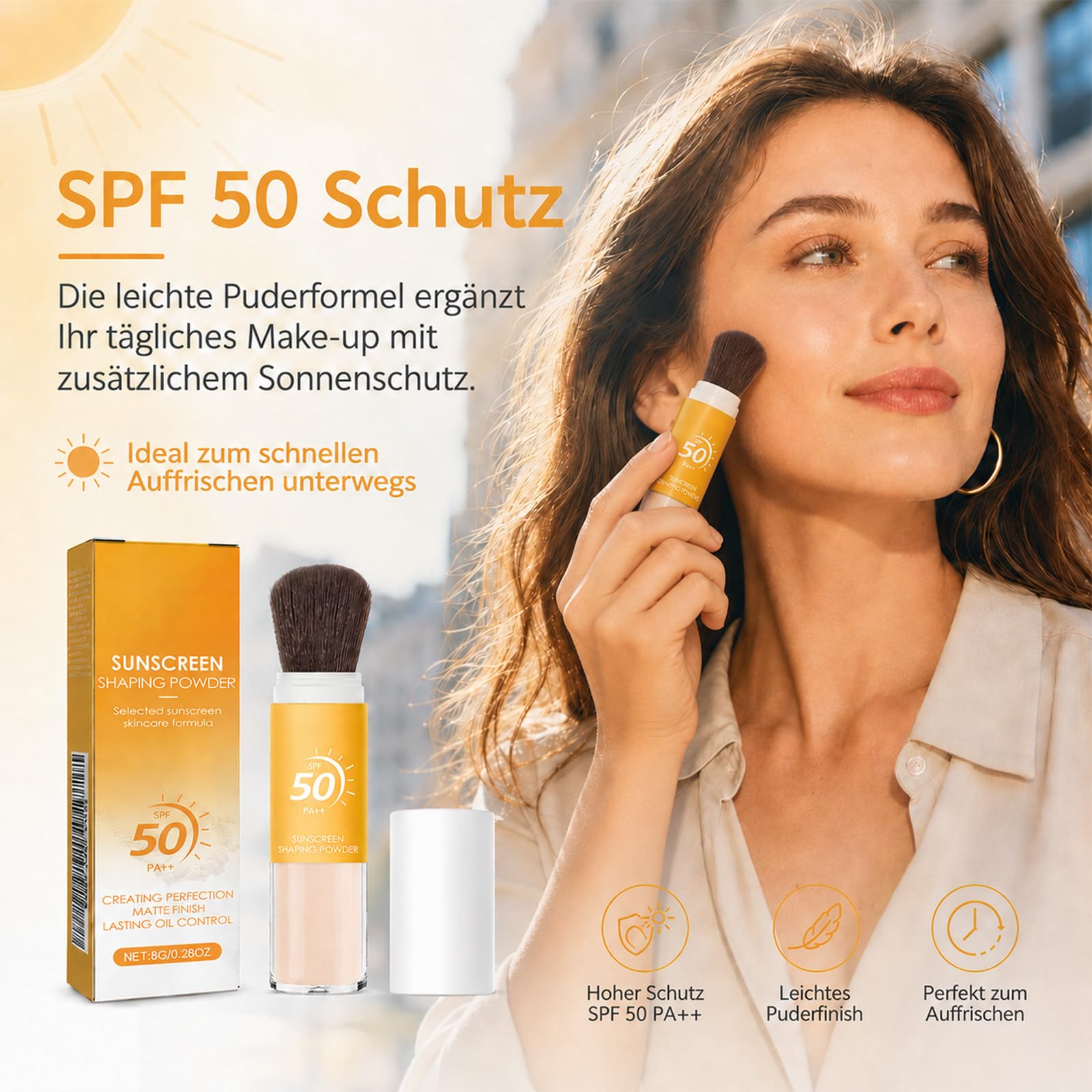 EONFAVE Ochrona przeciwsłoneczna SPF 50 PA++, puder utrwalający z pędzlem, matujący puder utrwalający do twarzy z Oil Control, przezroczyste wykończenie makijażu w podróży