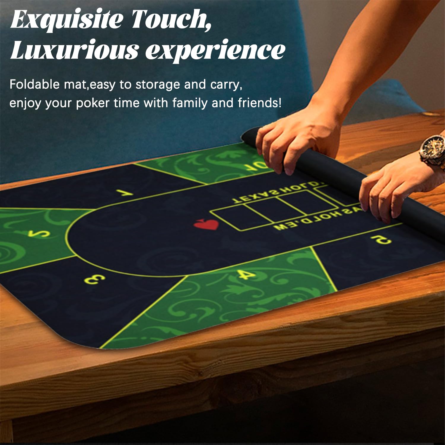 Tappetino da poker, 180 x 90 cm, 10 giocatori Texas Hold'em Poker, in gomma, topper per tavoli, portatile, per giocare a carte, PokerGames, Blackjack, Casinò, con borsa per il trasporto