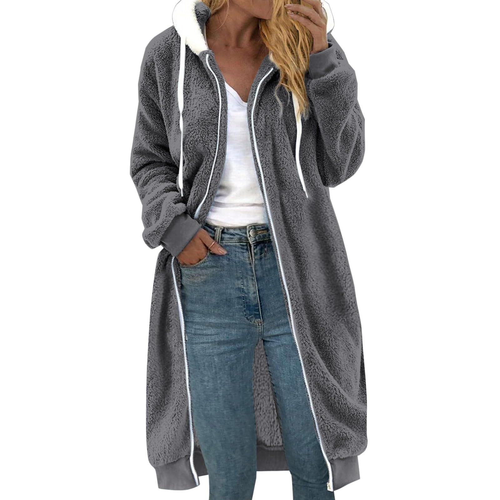 Generisch Fleecejacke Damen Lang Teddyjacke Mit Kapuze Wintermantel Warm Elegant Mantel Mit Reissverschluss Damen-Mäntel Locker Plüschjacke Einfarbig Plüschmantel Langarm Flauschjacke Winddicht