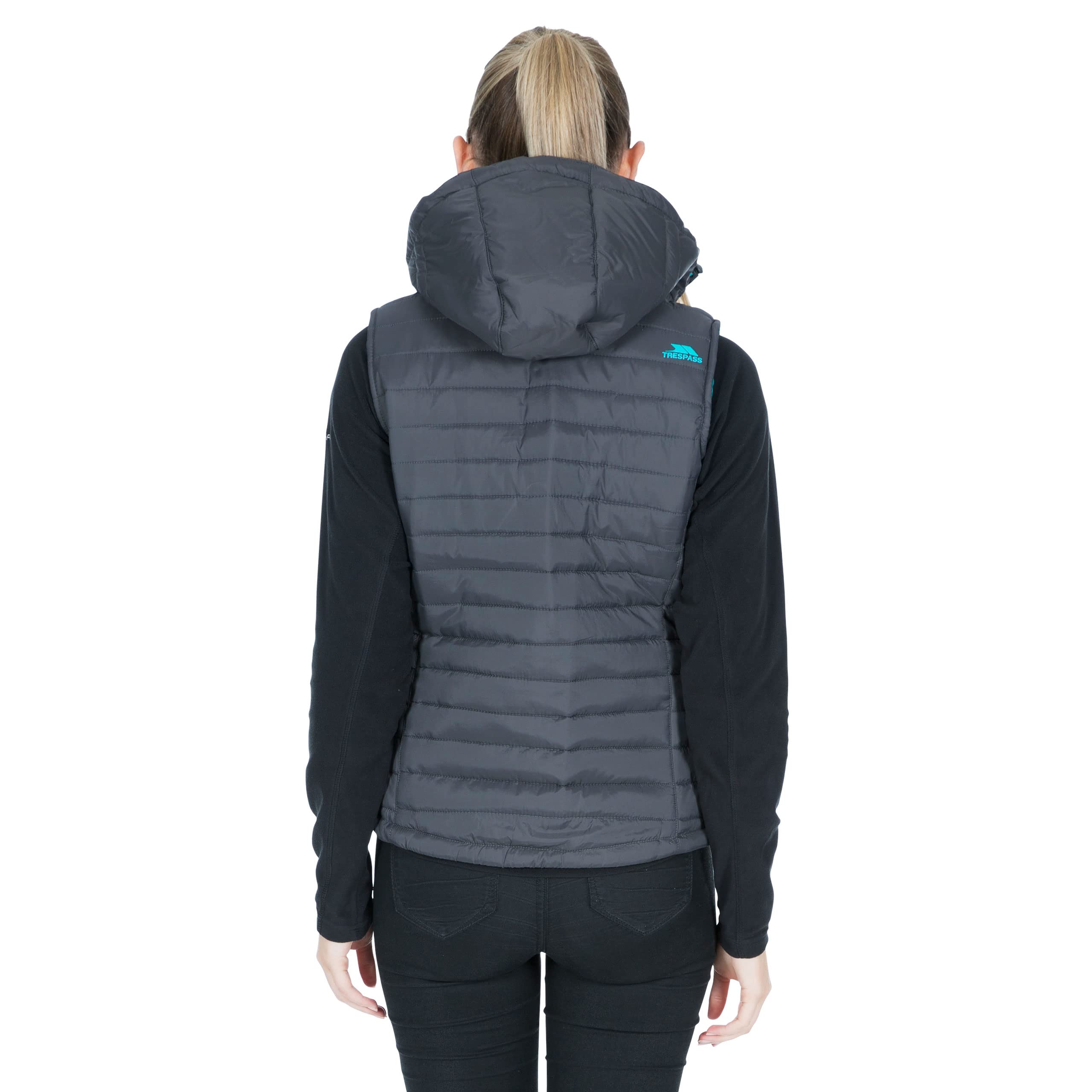 Trespass Gilet Femme Aretha-2 - Poches Zippées Discrètes, Réglages Bas, Rabat Intérieur, Légère Ouate, Coutures Matelassées, Doublure Contrastée, Capuche Amovible.
