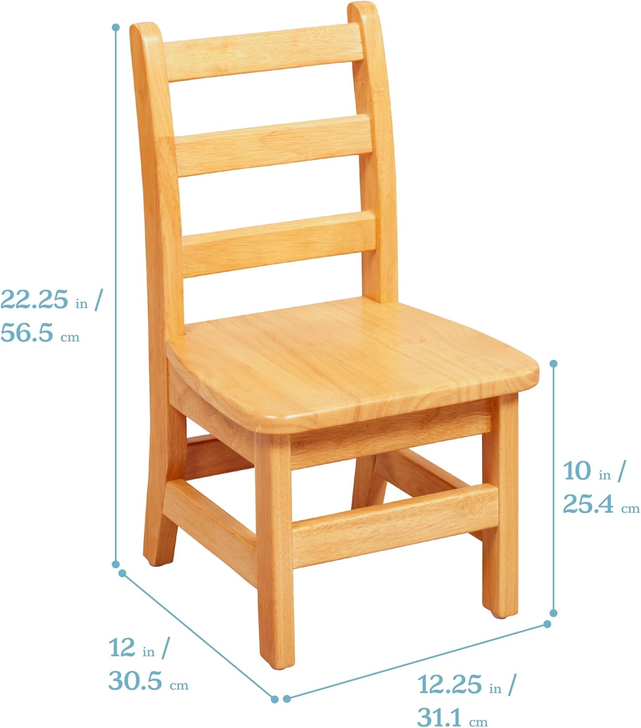 Diagram showing the dimensions of the ECR4Kids hardwood chair.