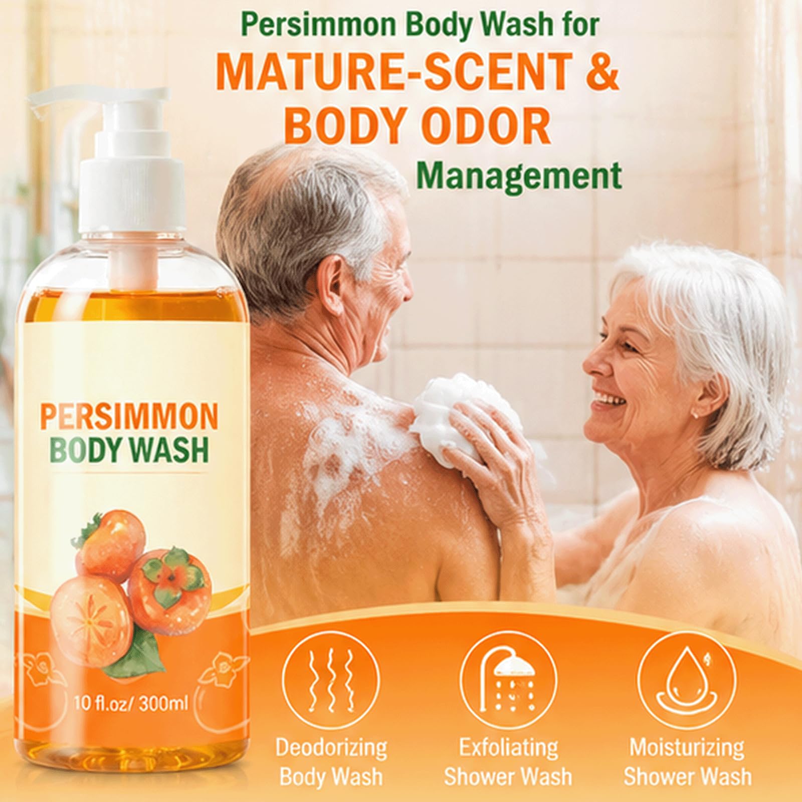 Persimmon Body Wash dla osób starszych Zapach - Neutralizator zapachów o dojrzałym zapachu, Delikatny płyn pod prysznic do skóry, Dezodoryzujący środek czyszczący dla kobiet i mężczyzn, (5 szt)