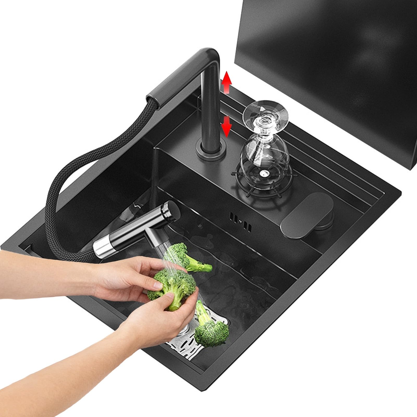 ZQFHSX 45 * 38cm Hidden Kitchen Sink with Cover, Pull-Out Lift Faucet & Glass Rinser – Space-Saving Stainless Steel Single Bowl for RV, Coffee Shop, Bar Counter(Black Steel)