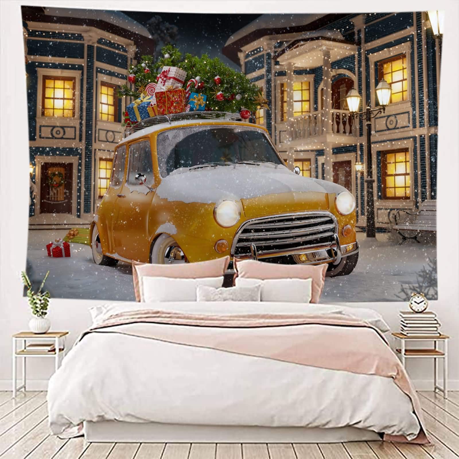 Arazzo da Parete Natalizio, Arazzo Moderno da Parete Auto Regalo di Natale Giallo Bianco Arazzo Tappeto Muro Decorativo, 180x230CM
