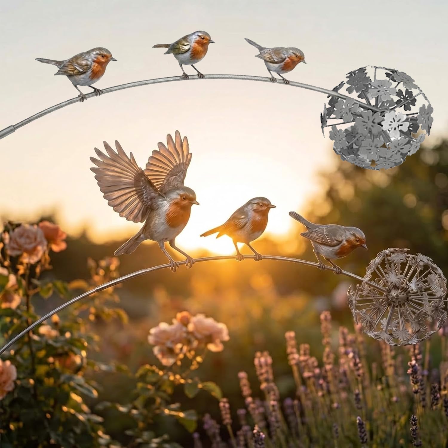 UIRPK Robin Garden Stake,Rustic Robin Bird Yard Art Decorations with Dandelion Accent, Metal Robins Bird Garden Sculpture (A*2)