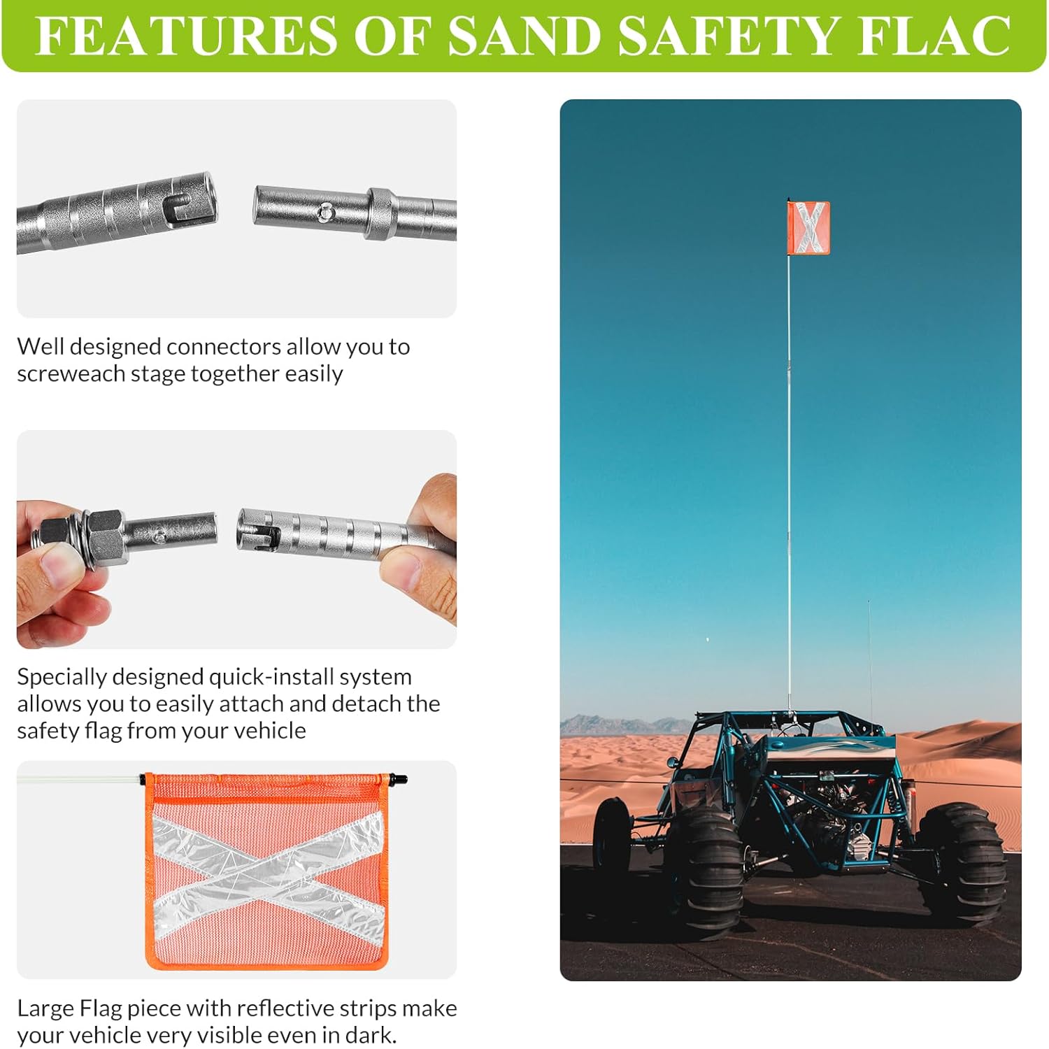 Safety Flag Safety Whip with Quicker Connector Base & 10FT Heavy Duty PVC Reflective Flag, Suit for ATV, UTV, Offroad, Jeep & Truck - Image 4