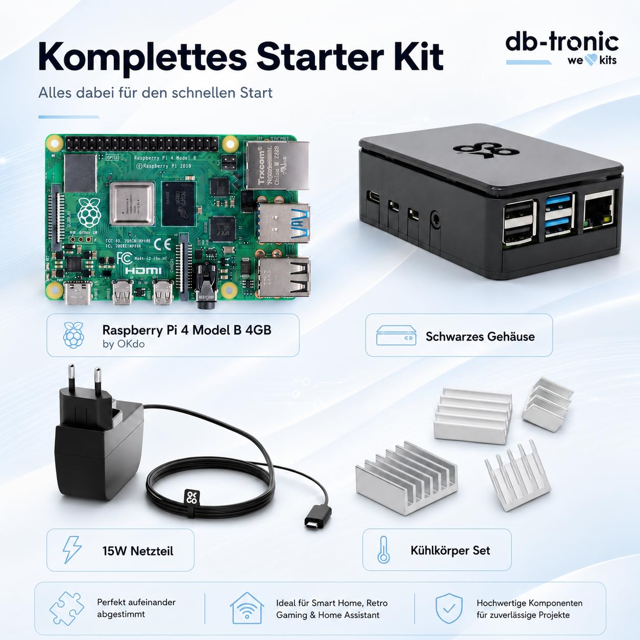 db-tronic OKdo Raspberry Pi 4 Model B Kit de démarrage 4 Go - Bloc d'alimentation 15 W - Boîtier noir - Dissipateur thermique - Idéal pour la maison intelligente, le jeu rétro et l'assistant à