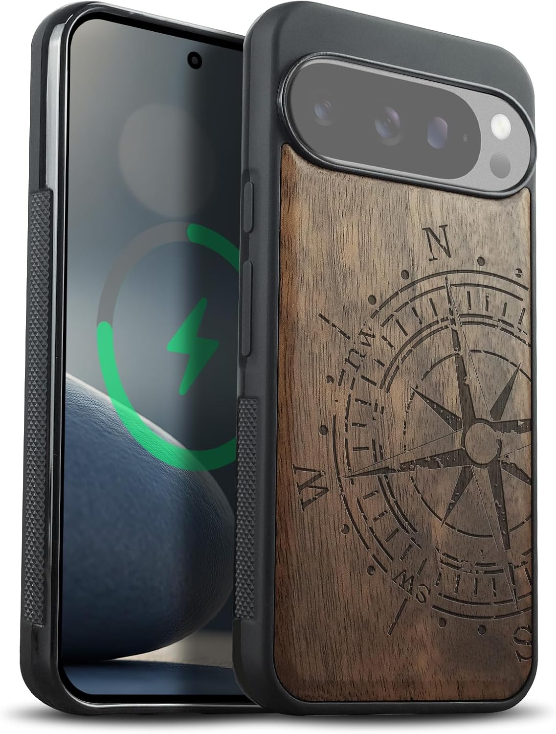 Carveit Magnetic Wooden Case for Google Pixel 10 / Pixel 10 Pro Case, Wood Artisan Engraved & Soft TPU Shockproof Cover, Compatible with MagSafe Wireless Chargers (The Incomplete Compass) Walnut