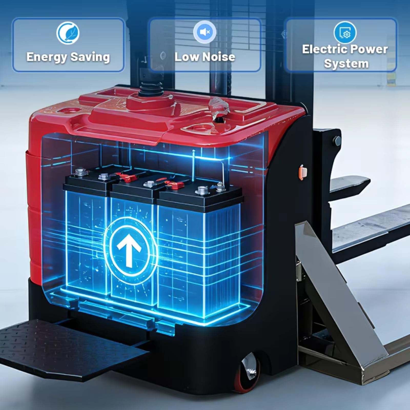 Martinetto per movimentazione pallet per corridoio stretto per logistica di magazzino, attrezzature di sollevamento di carichi industriali con base stabile, strumento di impilamento per officina per