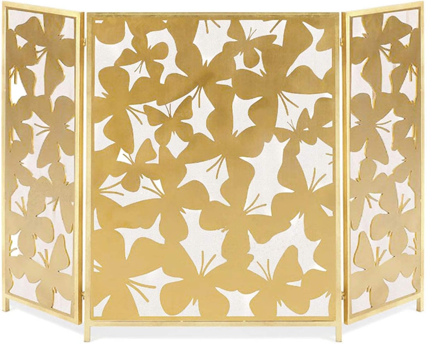 Fireplace Screen Metal Fireplace Screen 3-Panel Butterfly Decorative Pattern Steel Mesh Fireplace Screen Fire Spark Guard Grate for Living Room Home Decor Simple Design Fireplace Screen (Gold)