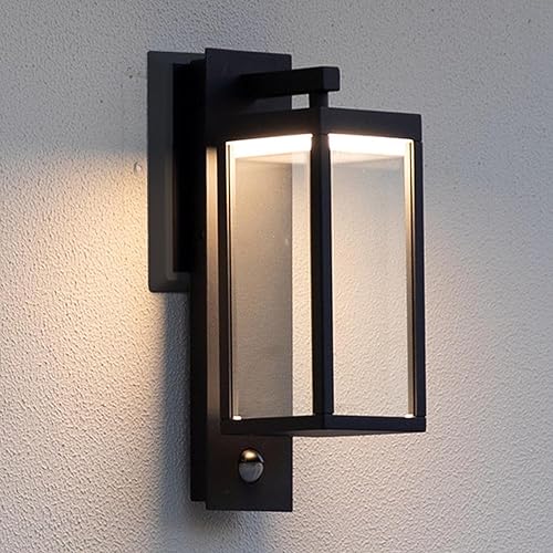 Lámpara de pared para exteriores, con sensor de movimiento, luz de porche para casa, lámpara LED moderna de 15 pulgadas, color negro, linterna