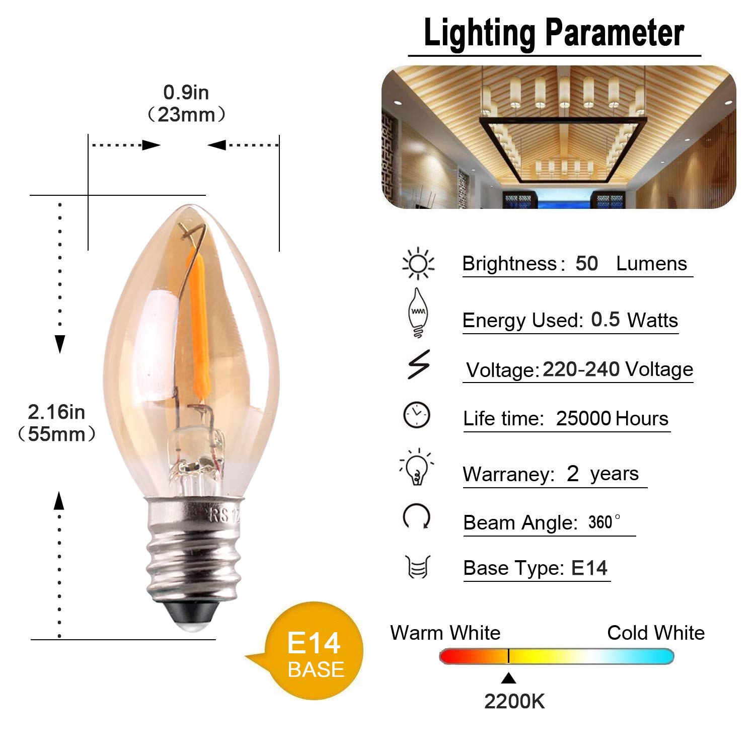 Genixgreen Żarówka LED C7, 0,5 W, bursztynowy blask 4 W, zamienniki żarowe dekoracyjne Edison E14 kandelabr podstawa LED filament lampka nocna Ultra ciepła biel 2200 K nieściemnialna 25 sztuk