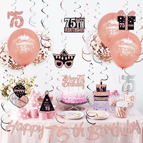 Miniatura 4 de WOJOGO Decoraciones de cumpleaños número 75 para mujer, decoraciones de cumpleaños número 75 de oro rosa para mujer, pancarta de feliz cumpleaños 75