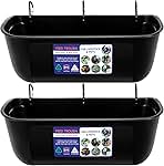 Goovilla Large Feed Trough, Hanging or Screw-in Fence Feeder with Clips, 2 Pack 9 Quart Goat Feeder Supplies, Dog Horse Hog Pig Livestock Poultry Plastic Feeder Trough Bucket for Large Animal, Black