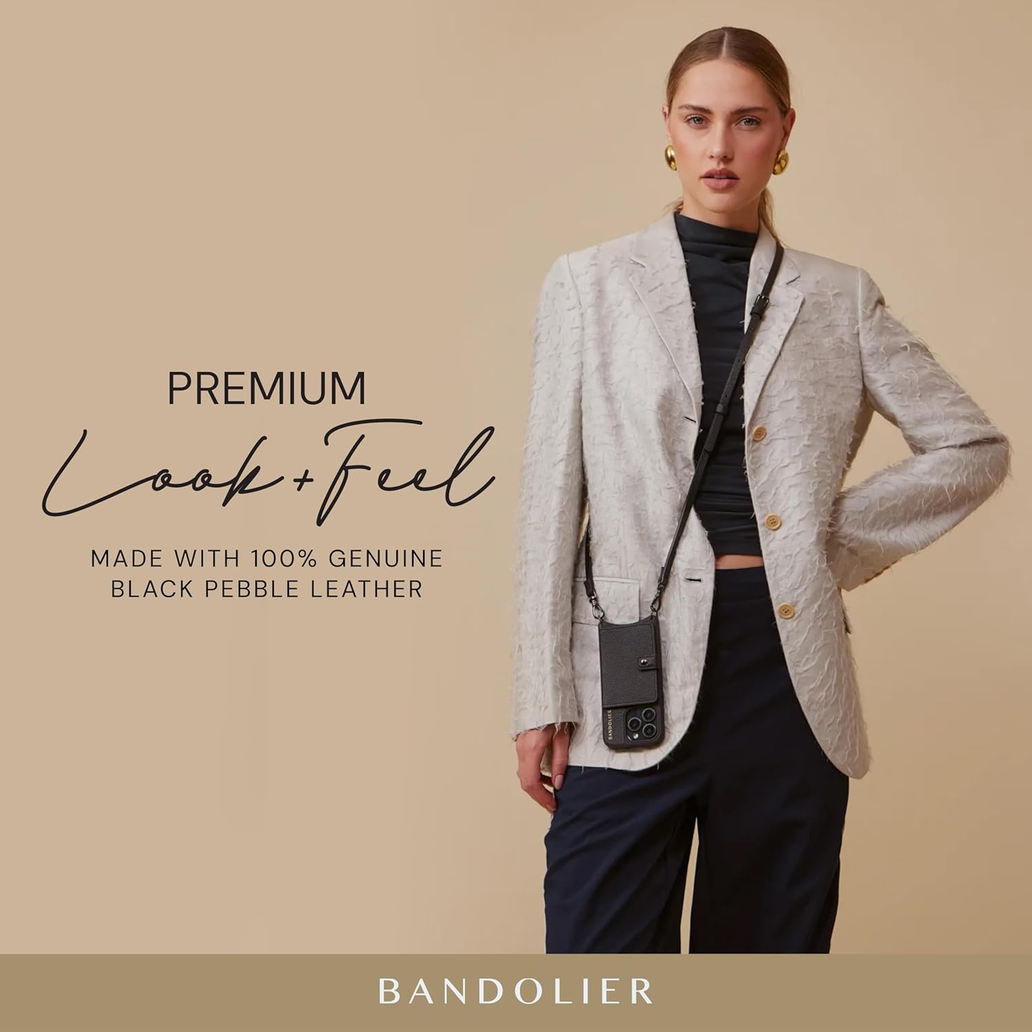 Bandolier Mila Crossbody Wallet Phone Case [MagSafe Compatible] for iPhone 16 Pro Max. 100% Genuine Pebble Leather. Adjustable & Removable Strap. Black with Pewter Hardware - Image 6