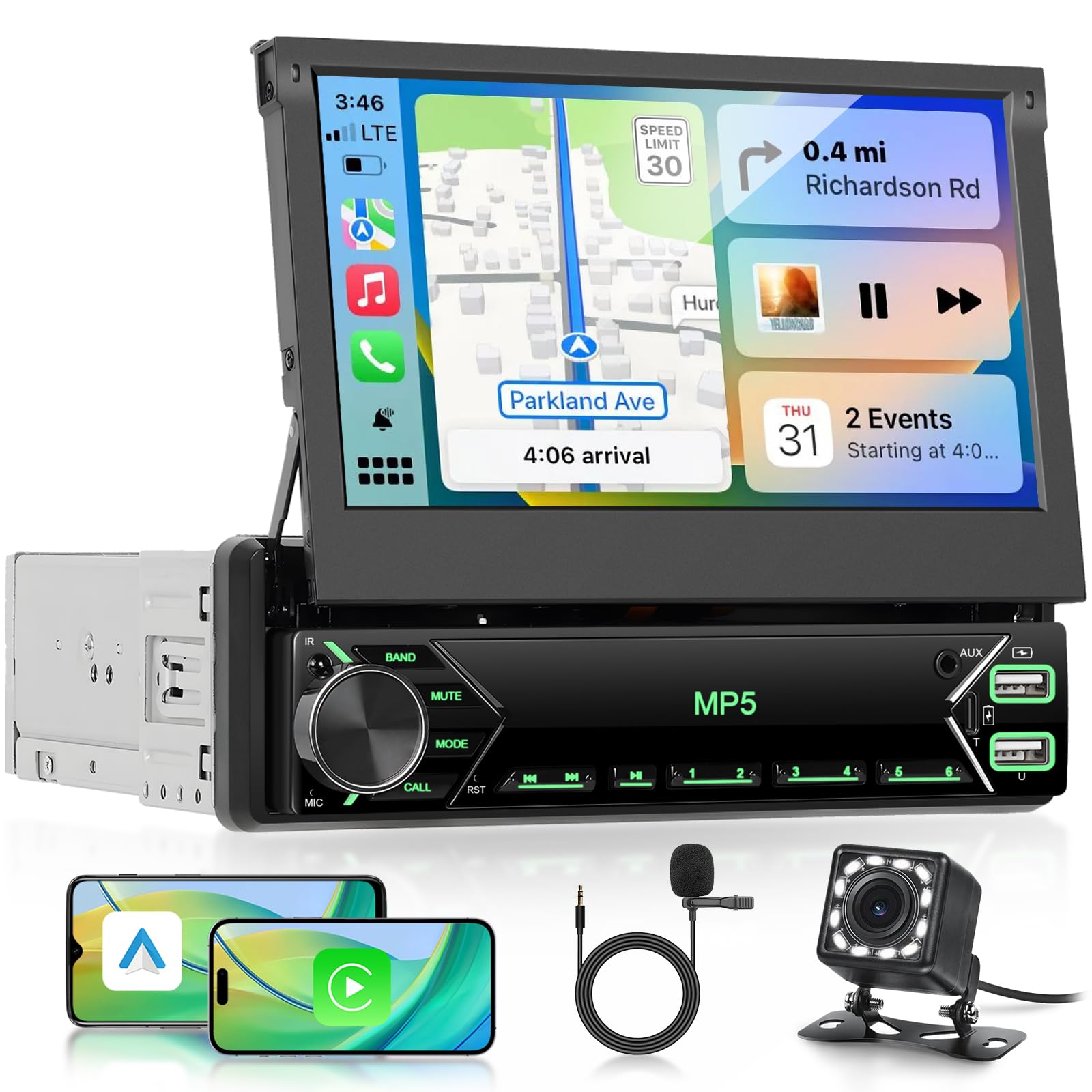 VECHTEL Autoradio 1 Din con Carplay Android Auto senza Fili, 7’’ IPS HD Ribaltamento Manuale Schermo Tattile Stereo Auto Bluetooth Supporto Mirror Link FM 2USB/Tipo-C Comandi al Volante Telecamera