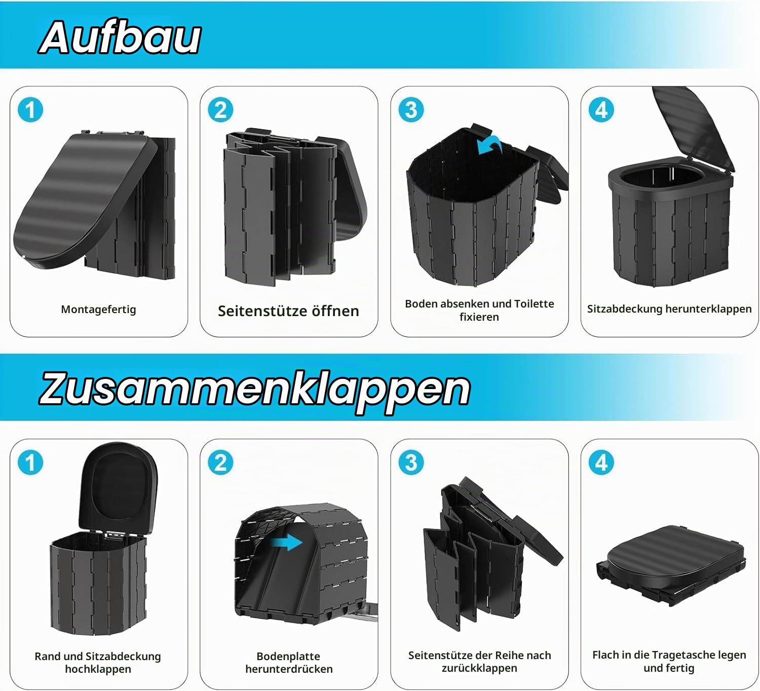 Camping Toilette, Tragbare Toilette für Erwachsene und Kinder, Faltendes wasserdichtes Porta Töpfchen für Camping, Auto, Eimer, Reisen, Outdoor, Wandern, Ausflüge, Boot, Strand, Zelt (Schwarz)