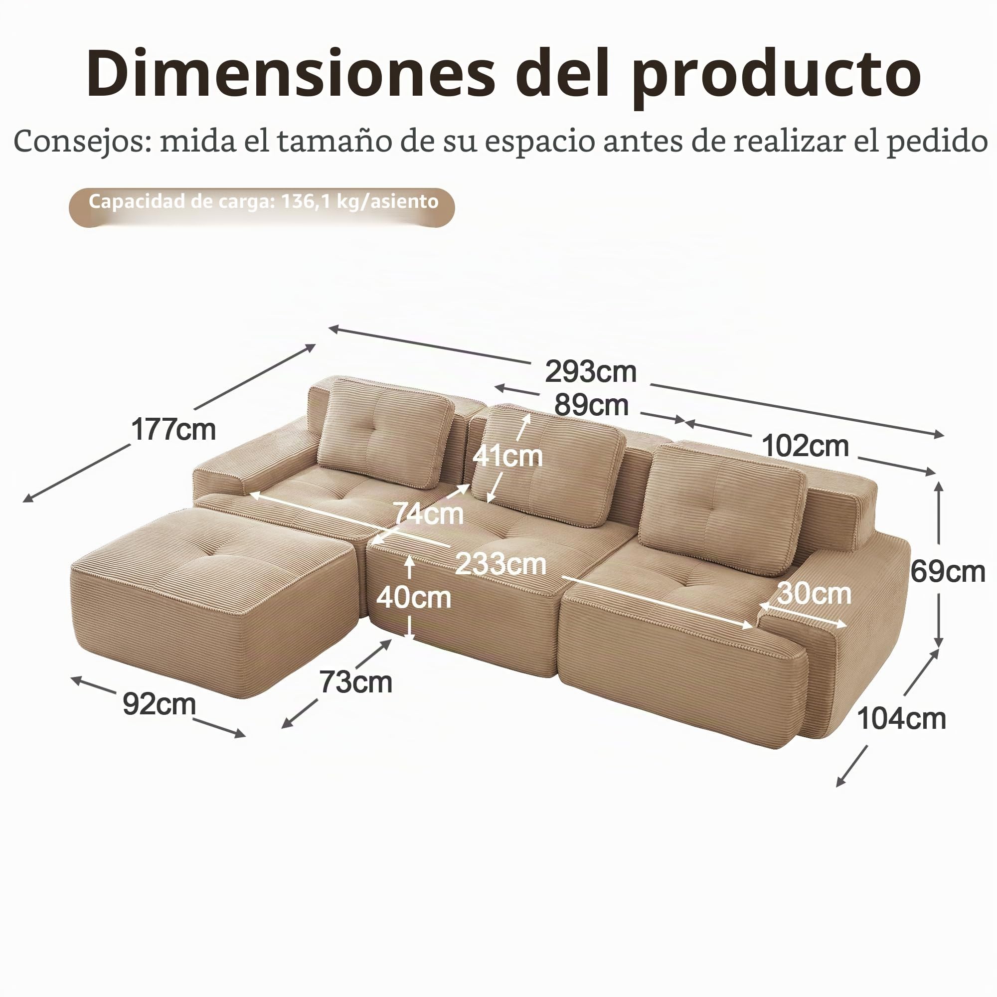 Sofá modular de pana en forma de L, sofá cama con taburete otomano, sofá de salón con comodidad y soporte de asiento bajo, sin montaje, espuma 32D de alta elasticidad (caqui claro, 3 plazas+1)
