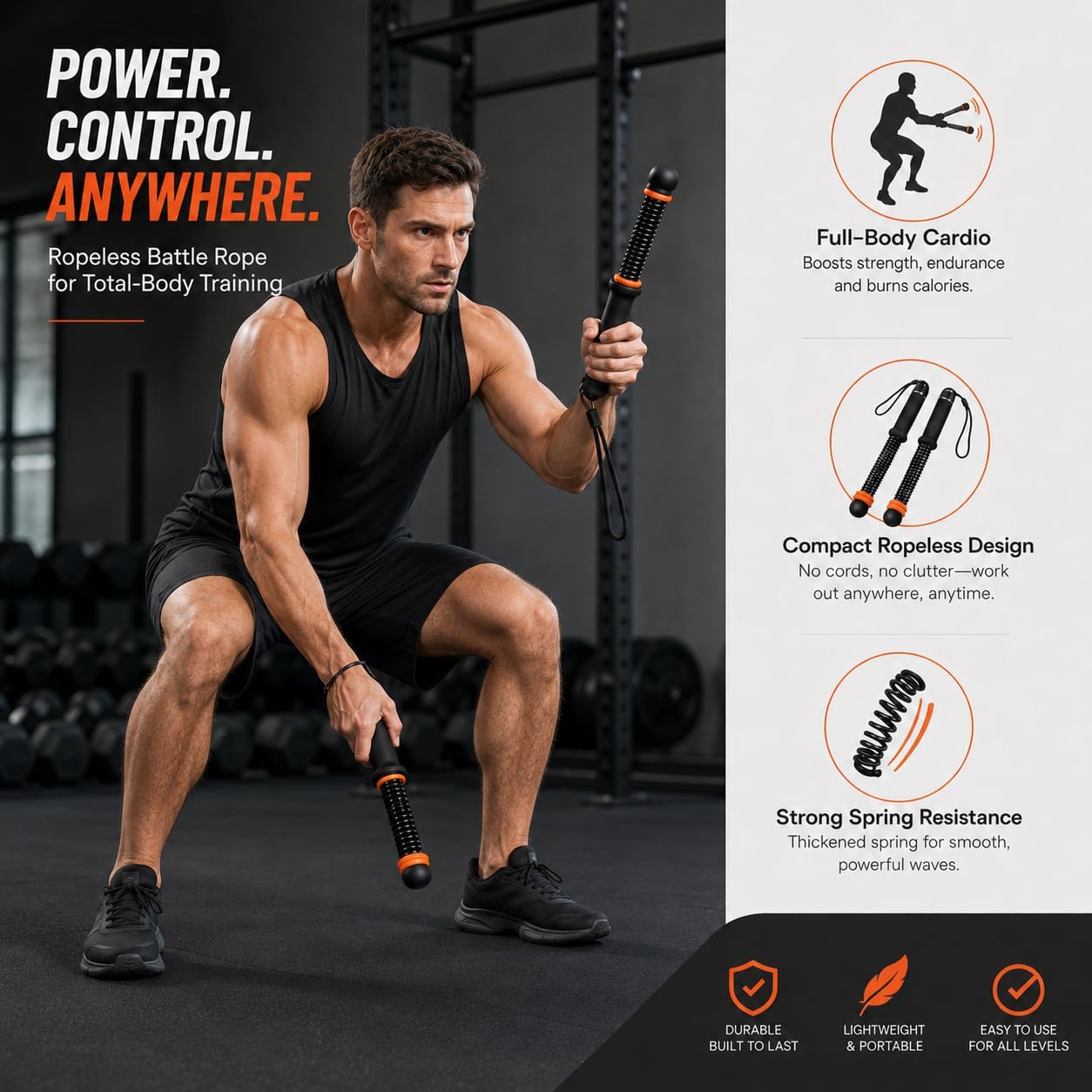 Weighted Cordless Ropeless Battle Ropes – Portable Home Gym Workout Rope for HIIT Training, Upper Body Strength & Core Endurance (Men & Women) image 2