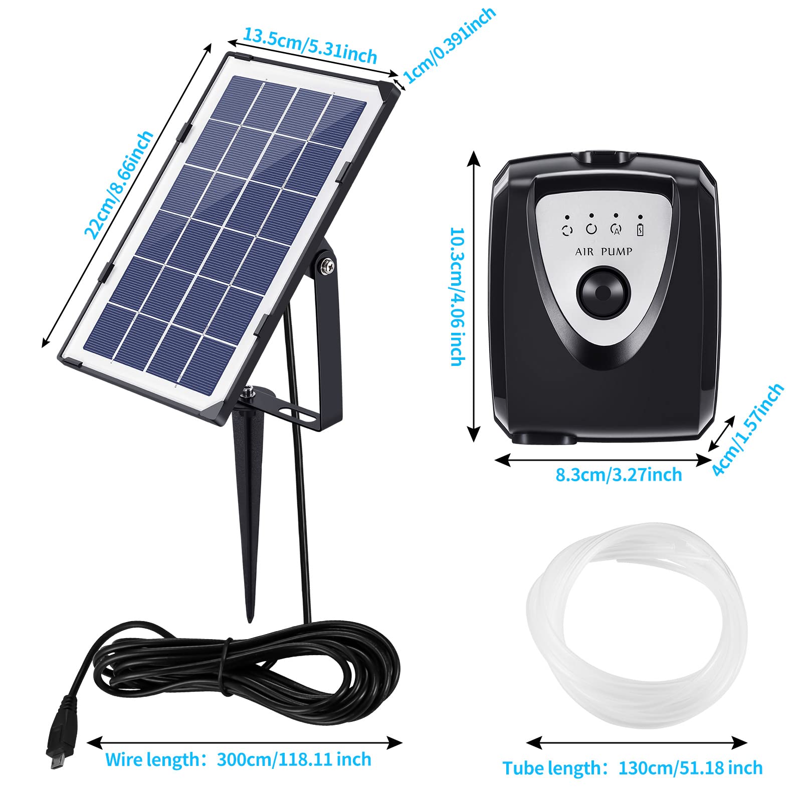 Palmcee Pompe solaire pour étang - Pompe à air solaire portable pour aquarium - 260 mAh - Pompe à oxygène solaire avec tuyau d'oxygène et pierre à bulles d'air pour le jardinage, le bain de colibri,