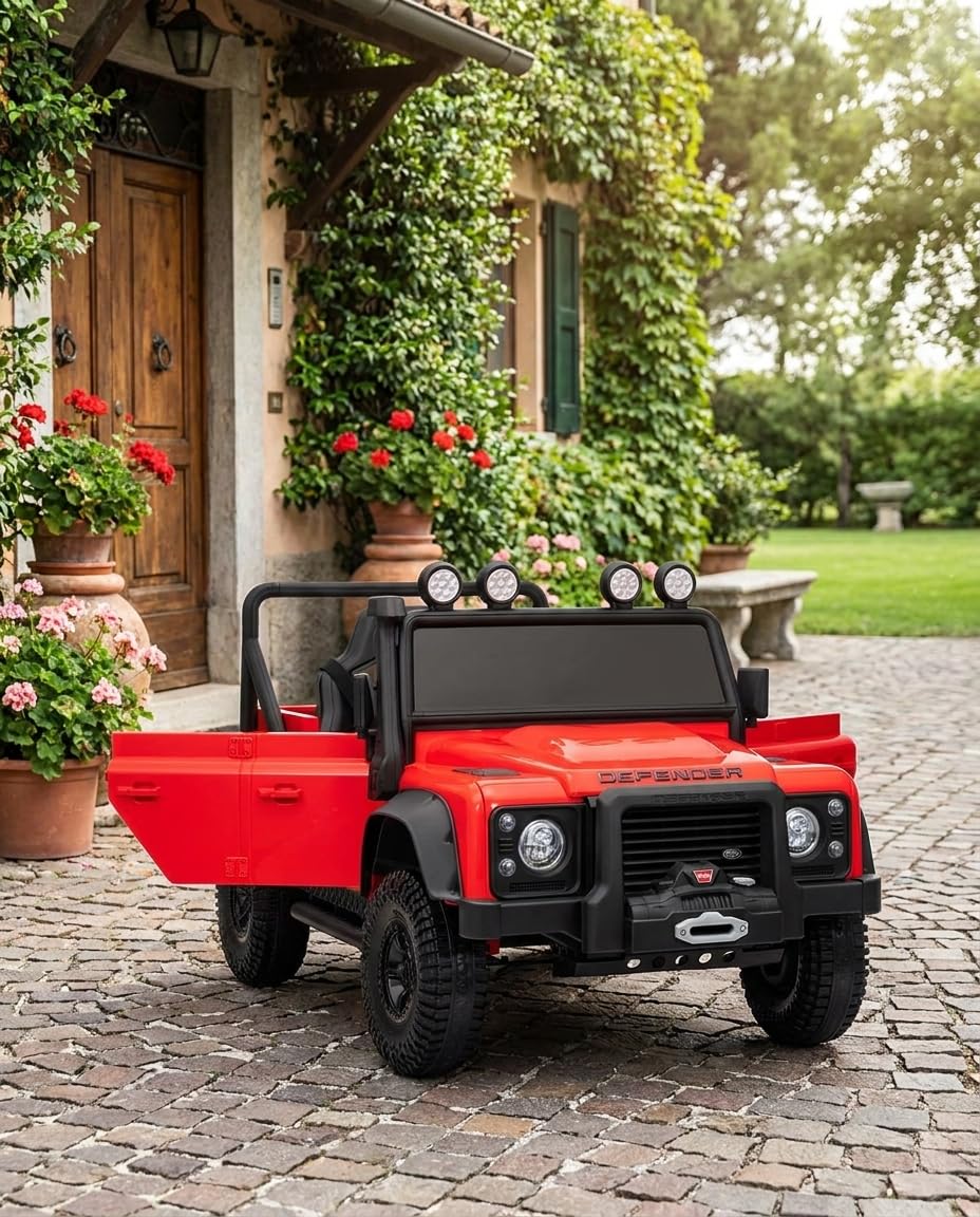 Elektryczny samochód dla dzieci Land Rover Defender 110 SVX 12V, czerwony, 4X4 skrzynia biegów, reflektory LED, zawieszenie przednie i tylne, pilot 2,4 GHz, wejście USB/Aux, Bluetooth, bateria litowa