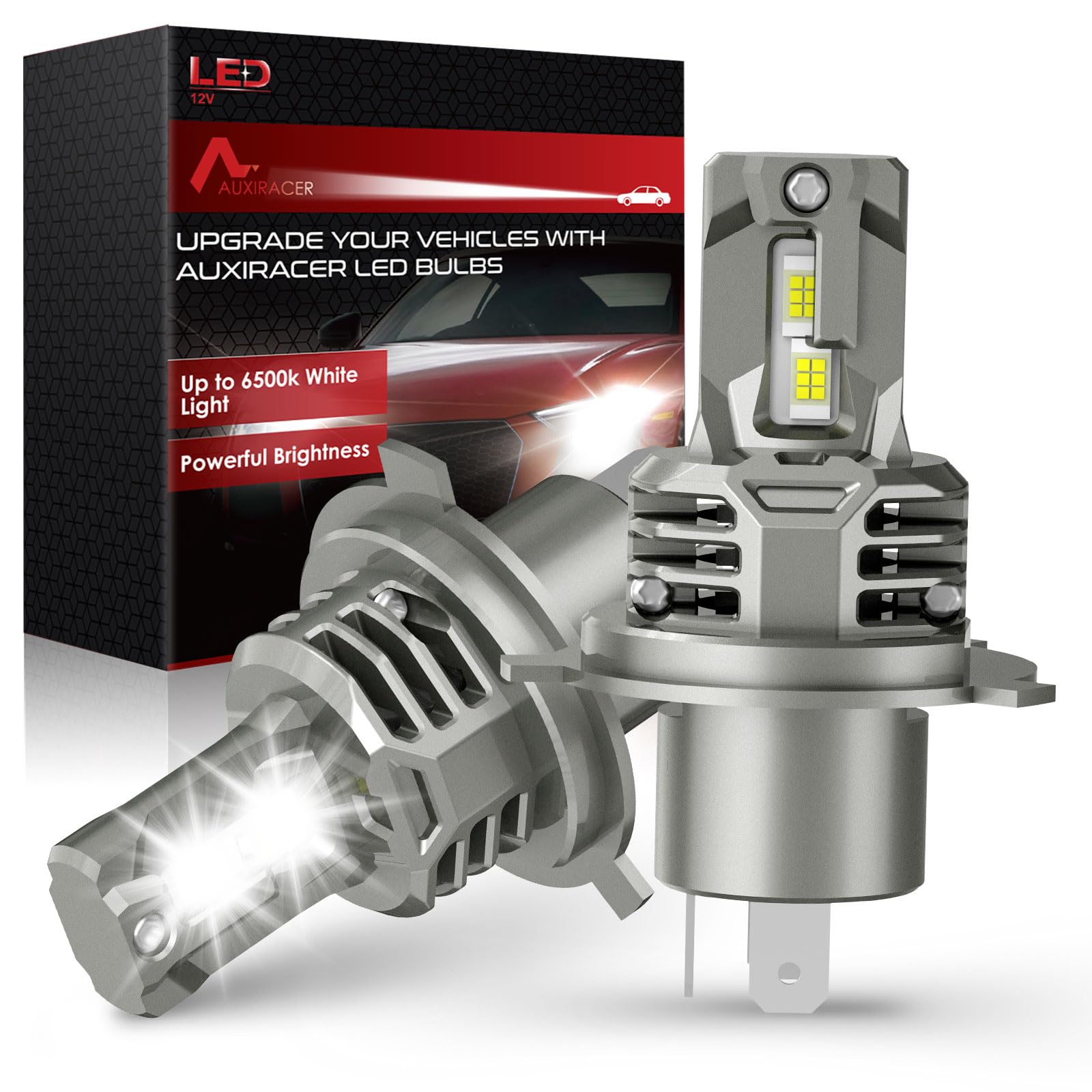 AUXIRACER Lampadina Auto H4 Led, 120w, 30000lm, 6500k Bianco 12v Lampadina Auto Led, Kit di Conversione Abbagliante/Anabbagliante per Auto, 2 Set