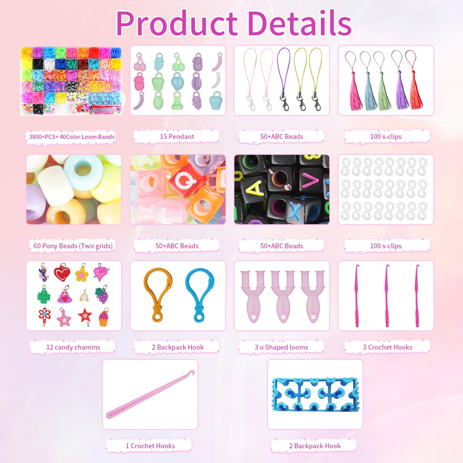 3800+ Elastici Braccialetti Kit, 54 griglie di Elastici Per Braccialetti per bambini, comprensivi di telaio, uncinetto, ciondoli, perline ecc. Kit Elastici Per Braccialetti, Giocattoli e Regali