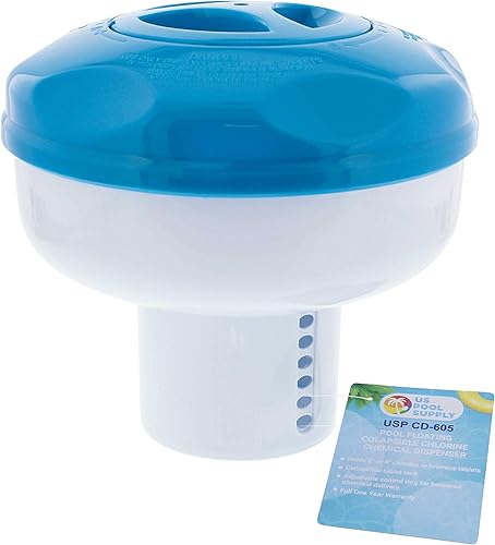 EE. UU. Suministros de piscina, dispensador flotante para tabletas de cloro de 3 pulgadas, 7 pulgadas de diámetro, plegable