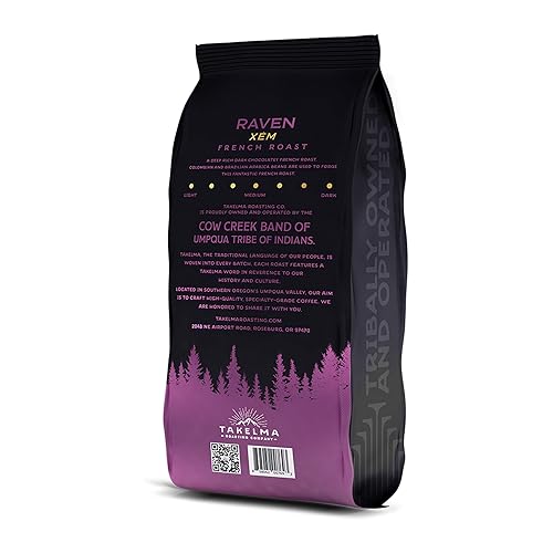 Vista 2 de Takelma Roasting Co., grano entero, Xem, Raven tostado francés, sabor intenso e intenso, notas de chocolate oscuro, granos 100% arábica