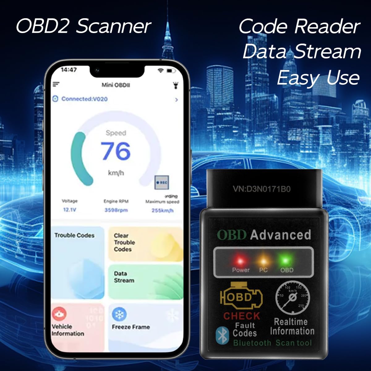 Image showing the OBD2 scanner connected to a smartphone displaying live data