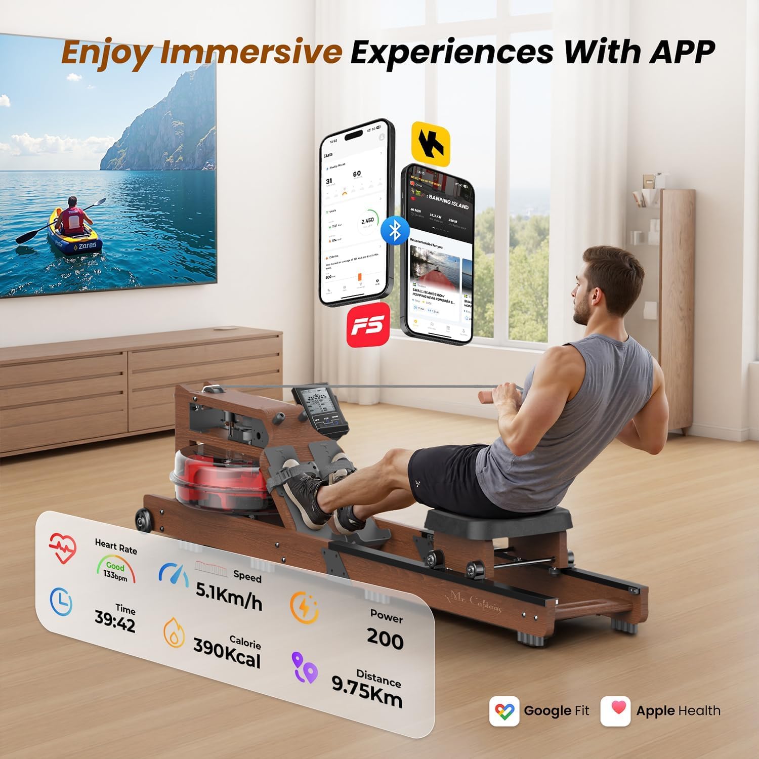 Water Rowing Machine for Home Use- Rower Machine 400LBS Weight Capacity with Dedicated Monitor & Comfortable Seat, Bluetooth APP (Upgrade rowering Machine)