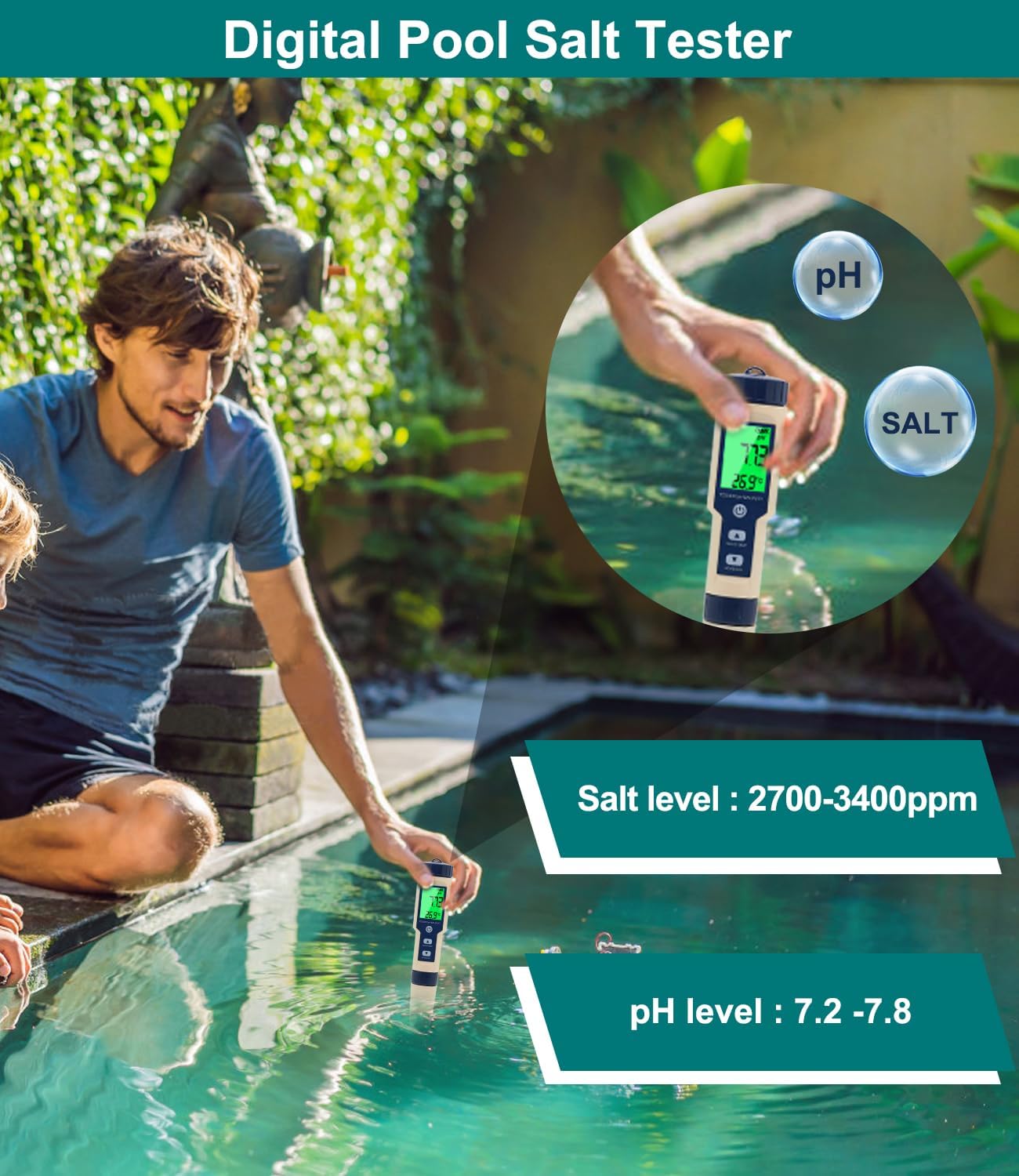 pH Meter & Pool Salt Tester Digital 5-in-1 Salinity pH EC Temp TDS Meter for Water Quality, Waterproof Water Tester with Backlight for Swimming Pool Drinking Aquarium Hydroponic Spas Hot Tub