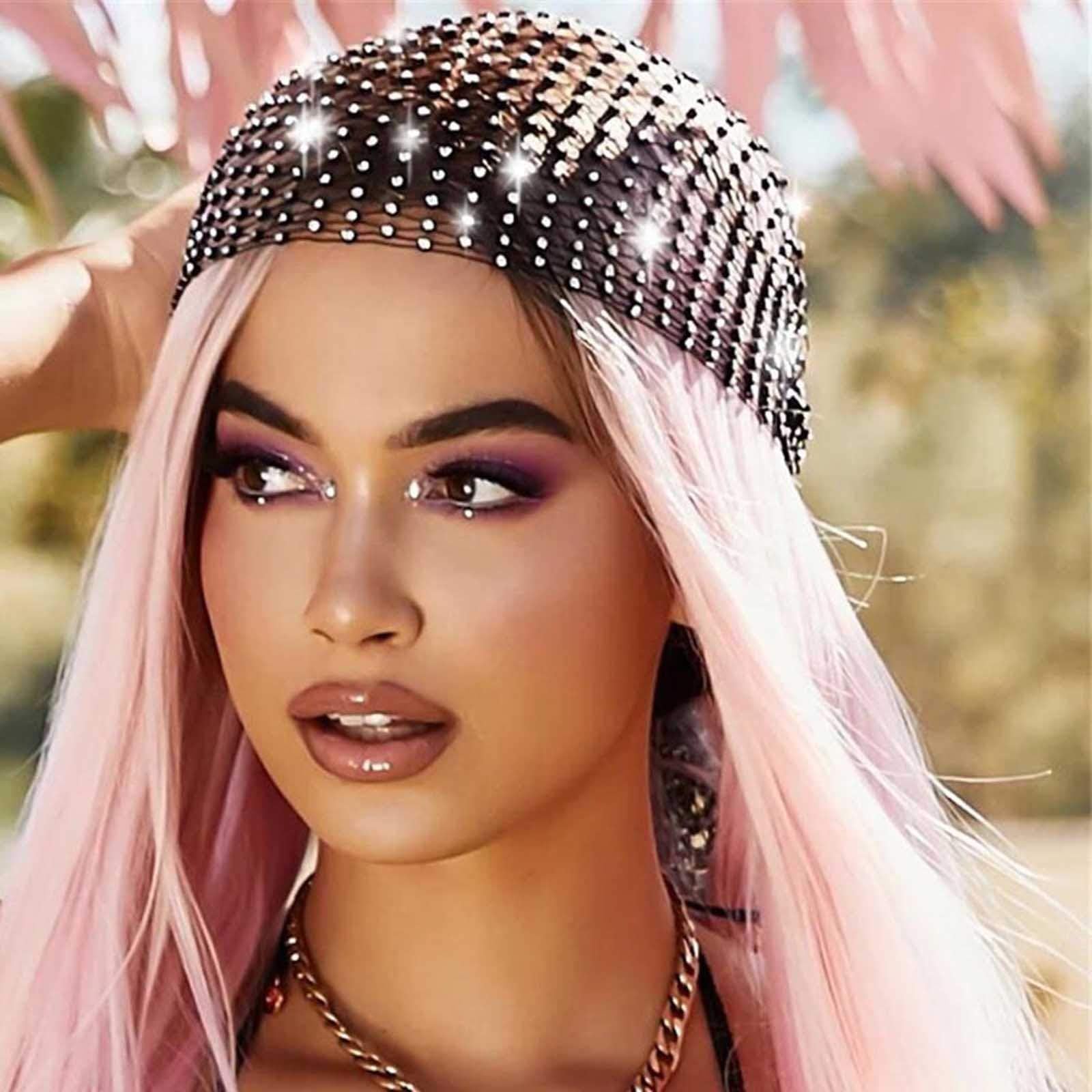 JEAIRTS Rhinestone Mesh Headband Sparkly Wide Head Scarfs