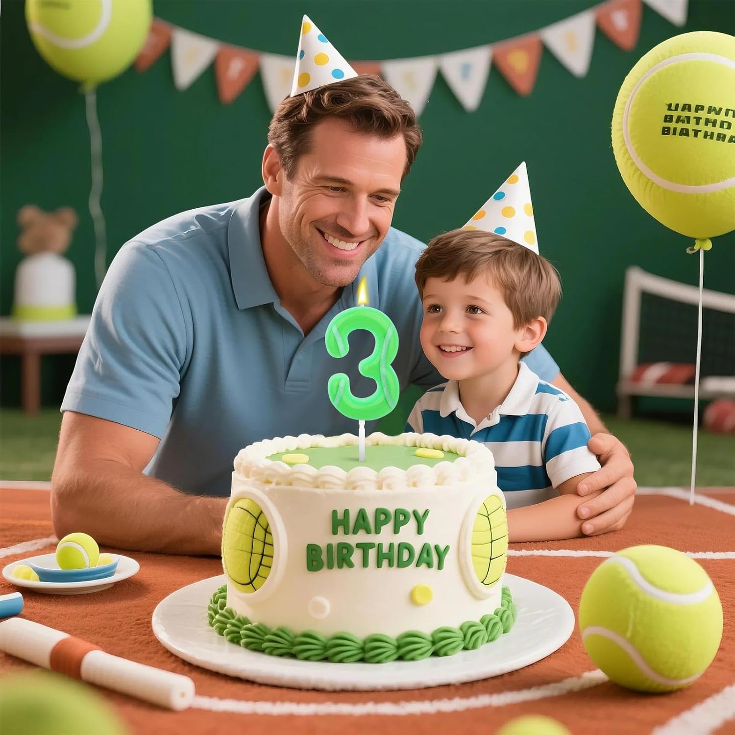Tennis Birthday Candle, Green Number Candle Cake Topper Sports Theme Party Cake Decoration for Tennis Ball Themed Party Decor Supplies (3)