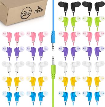 JustJamz Earbuds Bulk Bits, 30 Pack | Multicolored Earbuds Pack, in-Ear 3.5mm Stereo in-Ear Headphones, Ear Buds Bulk, Disposable Headphones, Multi-Color Earphones | School, Classroom, Library