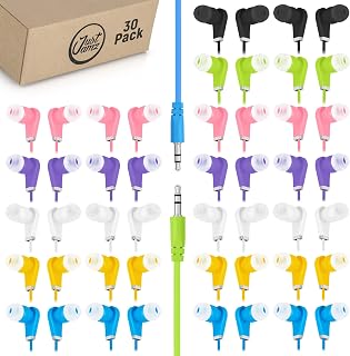 JustJamz Earbuds Bulk Bits, 30 Pack | Multicolored Earbuds Pack, in-Ear 3.5mm Stereo in-Ear Earphones, Ear Buds Bulk, Disposable Headphones, Multi-Color Earphones | School, Kids, Classroom, Library