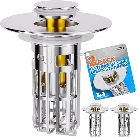 zaa Bathroom Sink Drain Strainer - (2 Pc) 3 in 1 Sink Stopper Bathroom Drain with Removable Filter Basket for Easy Clean, Pop Up Sink Drain Stopper for 1.1'' to 1.6'' Basin, Brass Core, 10000+ Tested