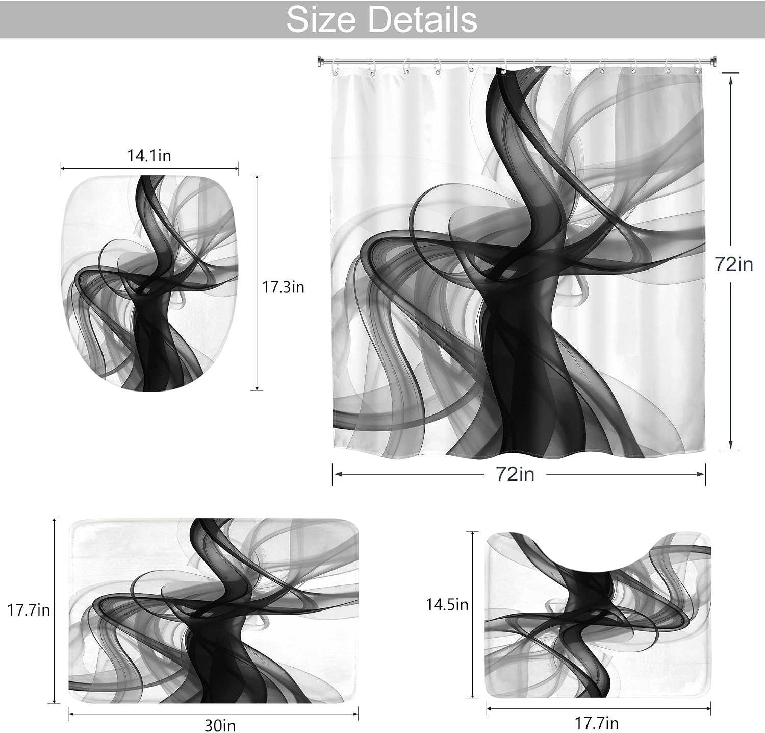 MESHELLY Black and White 4Pcs Shower Curtain Sets Abstract Modern Minimalist Contemporary Man Ink Bathroom Set Decor with Rug, Toilet Lid Cover, Bath Mat, Simple Cool Bathroom Curtain with 12 Hooks