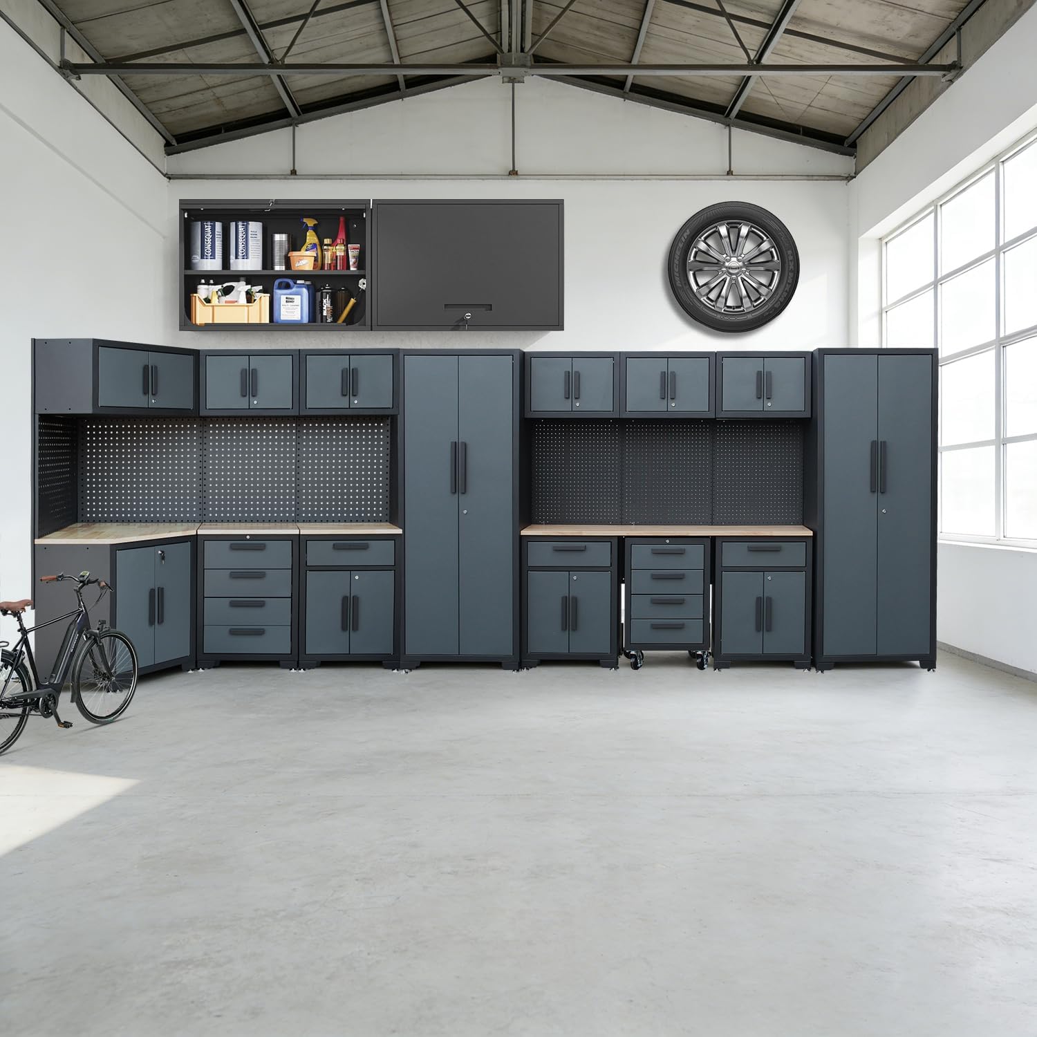 Garage Cabinets and Storage System, 17PCS Garage Storage Cabinet System Corner Workshop Set with Corner Cabinet, Cabinet Drawers, Workbench, Pegboard for Tool Organization, Black Grey