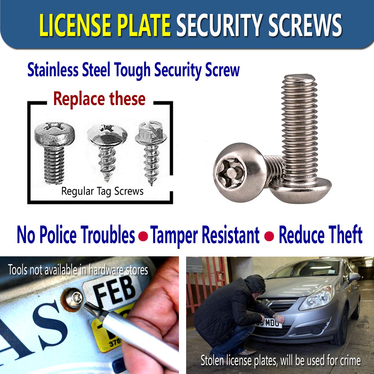 ZXFOOG License Plate Screws Anti Theft- 8 PC Button Head Torx M6 3/4" Stainless Steel Tamper Proof Machine Car Tag Bolt for License Plate Frame Holder, Security Fastener Hardware and Black Caps