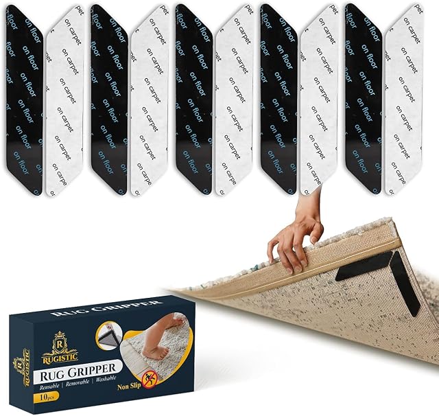 10 Pcs Non Slip Reusable Rug Grippers for Laminate & Wooden floor - Washable Anti Slip Rug Underlay Carpet Grippers Strips - Compatible with Hard, Tiled, Marble Floors