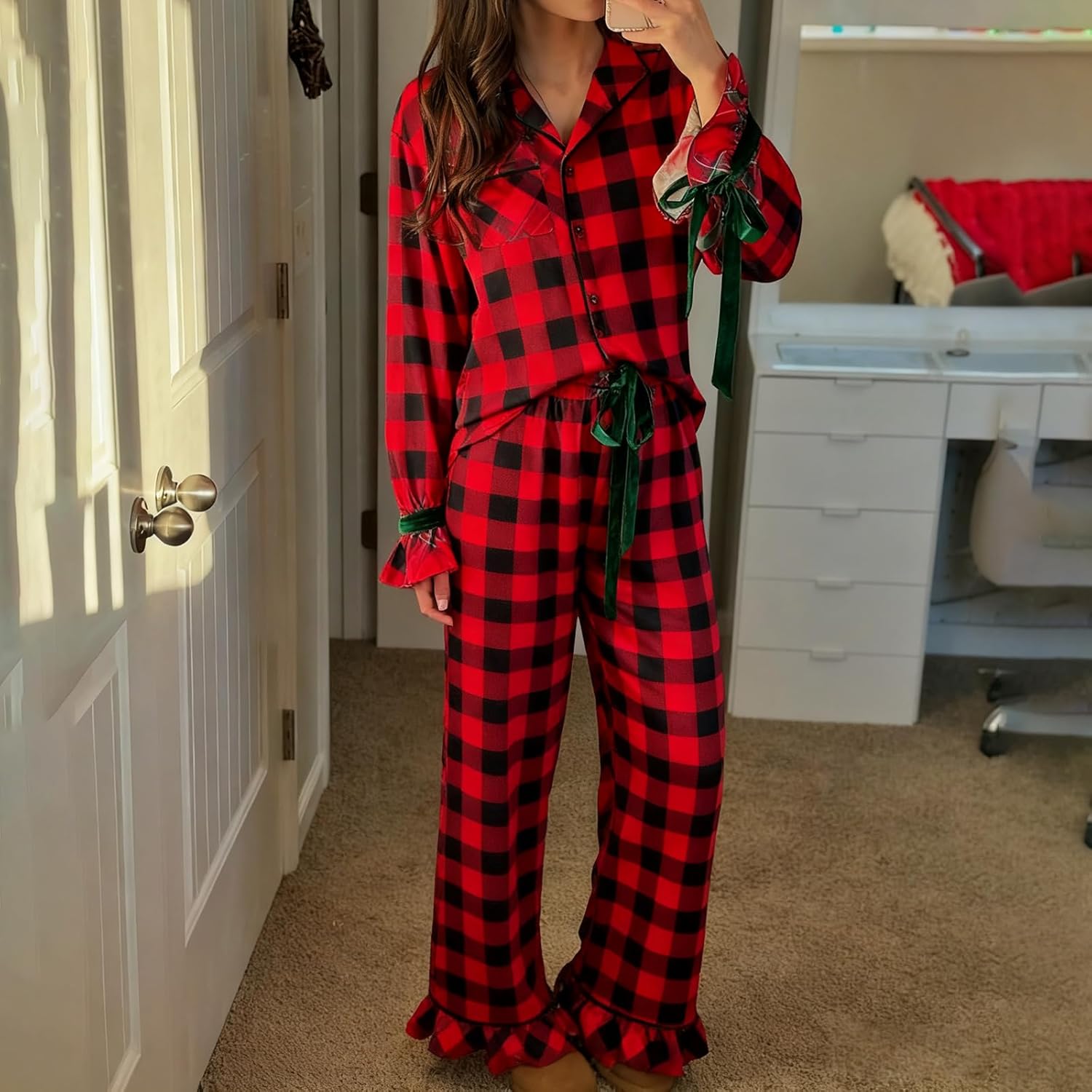 Springcmy Christmas Pajamas for Women Bow Tie Long Sleeve Shirt Pants Satin Silk Xmas 2 Piece Pjs Set Sleepwear - Image 4