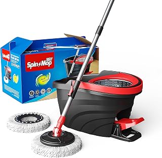 Mevigo 360° Spin Mop with Bucket Dual Drive Floor Cleaning System with Stainless Steel Wringer Super Absorbent Microfiber Heads 2 Refills Easy Self-Wringing Mop Set for Home &Office - Black RED