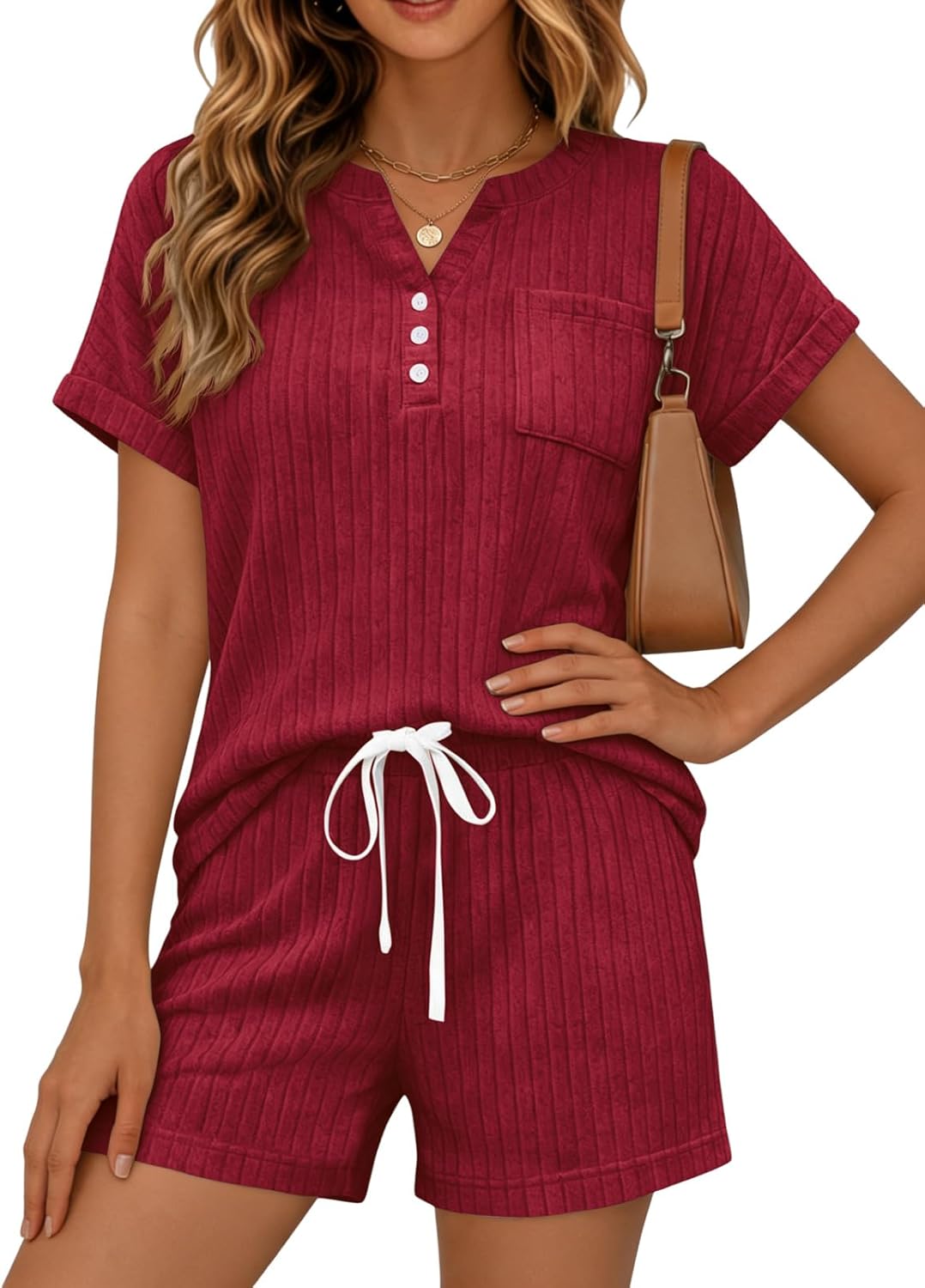 Yousify 2 Piece Short Sets for Women Summer 2026 Lounge Short Sleeve Henley Outfits Sweatsuit with Pocket